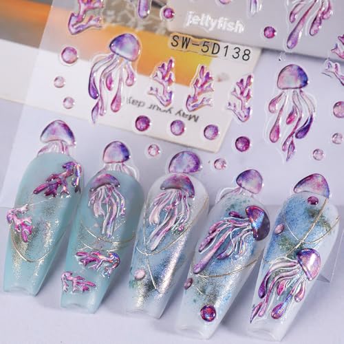 Jaliya JLA0323 5D Embossed Ocean Nail Stickers Summer Nail Decals Shell Starfish Jellyfish Nail Sticker Nails Stickers Sea Animals Nail Art Stickers Beach Nail Stickers thumb #3