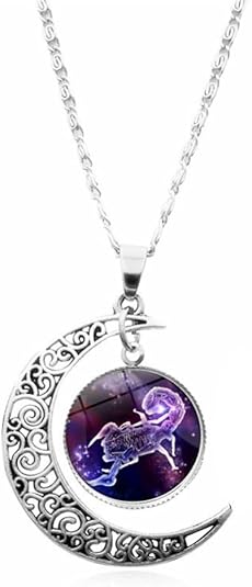 Fashion Zodiac Sign Necklace For Women 12 Constellation Luminous Creative Cabochon Glass Hollow Moon Pendant Clavicle Chain,Jewelry Gift Accessories