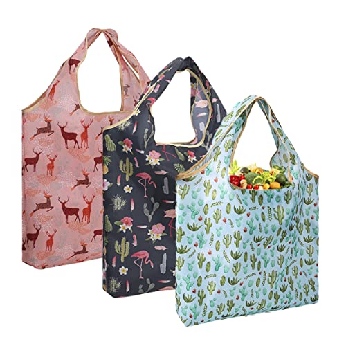 3 Pack Reusable Christmas Shopping Bags for Groceries School, Travel, Foldable, Women Girls Flamingo Elk Large Shoulder Tote (3 Pack-Elk/Flamingo/Cactus)