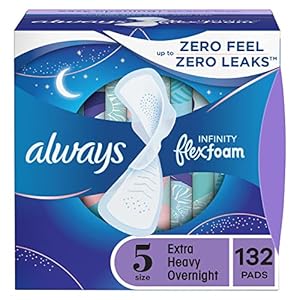 Always Infinity Feminine Pads For Women, Size 5 Extra Heavy Overnight Absorbency, Multipack, With Flexfoam, With Wings, Unscented, 22 Count x 6 Packs (132 Count total)