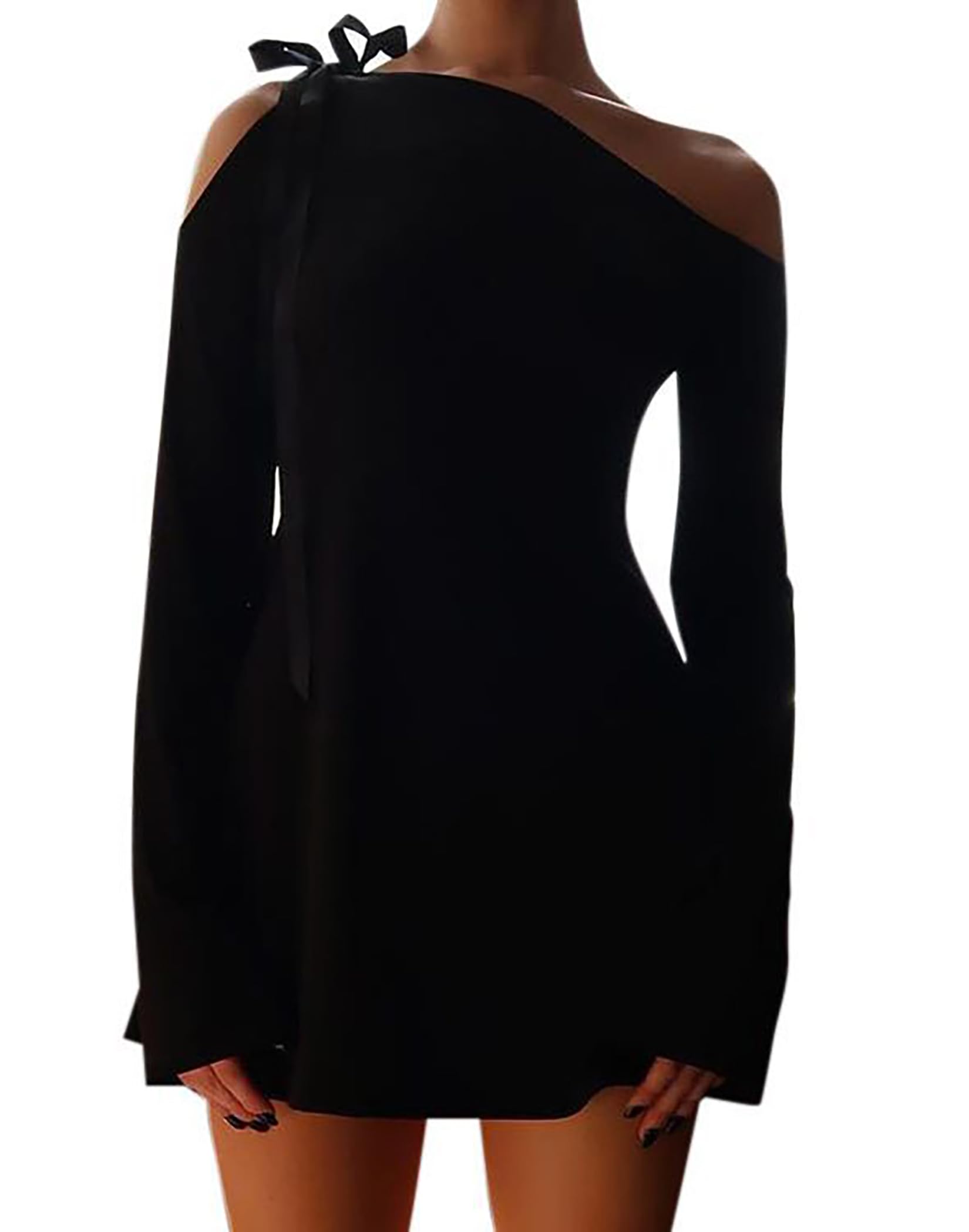 HYPERFIRE Womens Shoulder Tie Long Sleeve Asymmetrical Dress Boat Neck Cocktail Mini Dresses