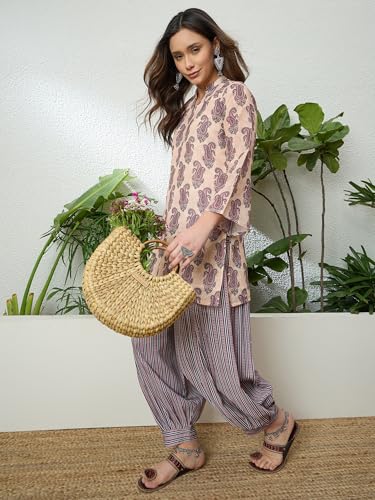 Image of EthnicJunction Women's Linen Floral Print Summer Wear Straight Short Kurti With Afghani Pant Set | Co Ord Set for Women Stylish | Fusion wear Women