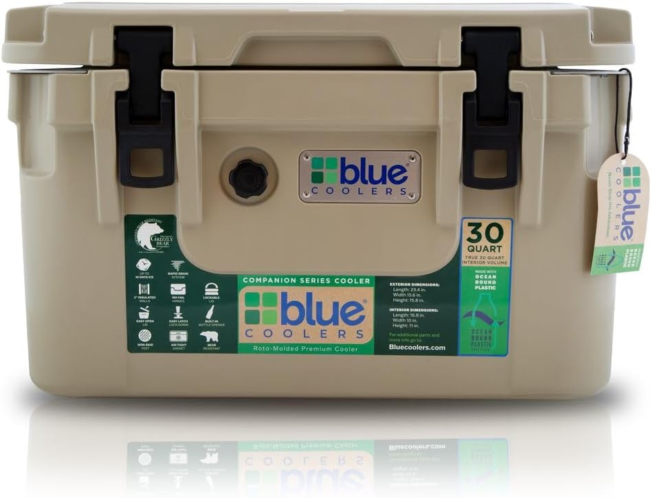 Reclaimed Ocean Plastic Rotomolded Cooler, Heavy-Duty Ice Chest with Multiple Day Ice Retention, for Camping, Fishing, and Outdoor Adventures (30-60 Quart Ice Chests)