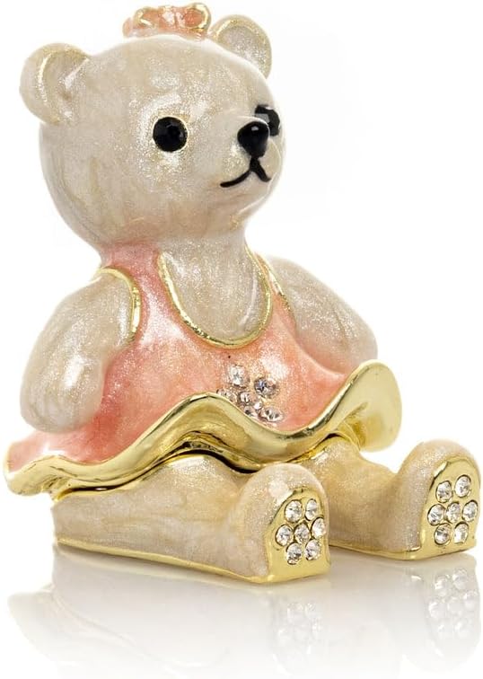 Keren Kopal Teddy Bear with Pink Dress Trinket Box Decorated with Crystals Handcrafted