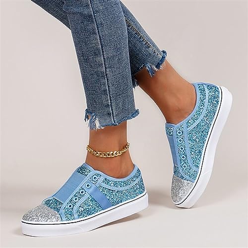 Women's Glitter Sequins Sneakers Fashion Color Matching Round Toe Slip On Flat Canvas Shoe Casual Lightweight Breathable Non Slip Dance Shoes4