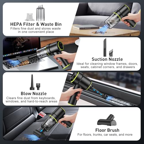 Image of KMM Handheld Car Vacuum Cleaner, 9000PA Vacuum Cleaner & Air Duster, 120W High Power Vacuum Portable Cordless, Hand Held Vacuum Rechargeable with Multi-Nozzles & LED Light for Home, Car, Office