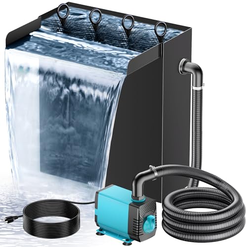 POPOSOAP Pond Waterfall Spillway with 660GPH Pump Kit, 304 Stainless Steel Waterfall with Filtration &9.8FT Corrugated Tubing Outdoor Fountain Kit for Garden, Koi Pond, Backyard,13.4" H x 12
