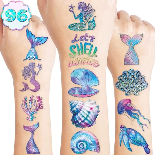 96 PCS Mermaid Ocean Sea Pre-Cut Temporary Tattoos for Kids