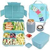 Kids Lunch Bag with 10oz Thermos, with 6 Compartment Bento Box, Blue Nylon Insulated Preppy Lunch Box Adjustable Strap Birthday Gift for Girl Kids Teens Picnic School Travel