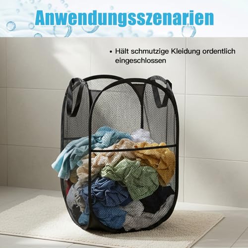Pop-Up-Wäschekörbe Schwarz, 2 Stück Faltbarer Wäschekorb 75L mit Griffen, 36x36x58cm, Klappbarer Wäschesammler für Badezimmer Wohnheim Reise und Camping