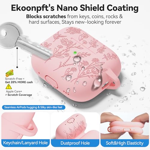 Image of Flower Engraved Case for Apple AirPods Pro 2 Gen with Clean Kit,Soft Silicone Protective Case Cover for AirPods Pro 2nd /1st Generation AirPod Case Carabiner,Front LED Visible,Pink