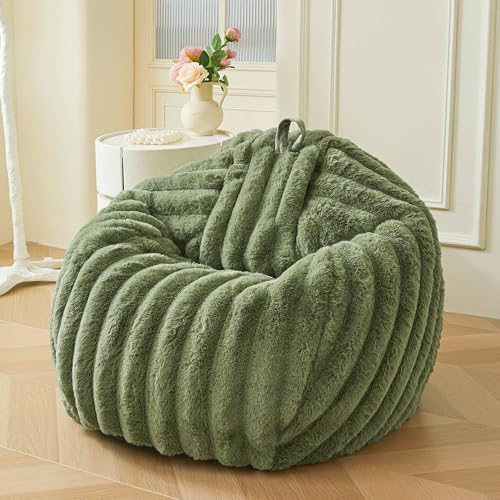 MEGO Kids Fluffy Faux Rabbit Fur Bean Bag Chair Cover(No Filler) Cozy Moss Shaggy Striped Stuffed Animal Storage Bean Bag for Plush Toys Fuzzy Ribbed Beanbag Cover Kids Girls Teens Adult Sage Green