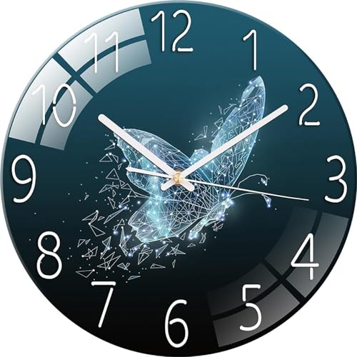 Icycow 掛け時計 4mm超薄型 ガラスパネル おしゃれ インテリア 時計 壁掛け かけ時計 モダン 静音 連続秒針 星空 丸型 ウォールクロック デジタル 大数字 見やすい wall clock 12インチ living room 寝室 装飾(バタフ