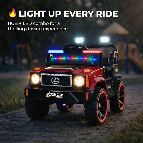 Image of Wishmaster 4x4 Kids Electric Ride On Jeep with Remote Control | Battery Operated Car for Kids 2-6 Years | RGB LED Lights, Bluetooth Music | Birthday Gift | 1-Year Warranty On Motors & Motherboard