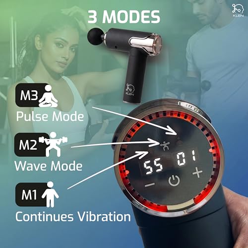 Image of KLEN Massage Gun for Pain Relief Rechargeable Handheld Deep Tissue Percussion Massager with 4 Interchangeable Heads Muscle Relaxation at Gym & Travel (99 Speed Settings)
