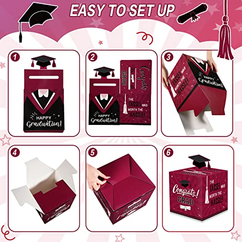 Image of Funrous Large 2026 Maroon and Black Graduation Card Box with 30 Pcs Advice Card Gift Money Box Congrats Grad 3D Cap Top Holder Class of 2026 Party Decorations College Graduation Supplies