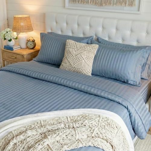 Image of Naksh Bedsheet for Double Bed King Size Stripes 210 TC with 2 Pillow Covers | 100% Pure Cotton Bedsheets | Breathable Fabric for Cool, Comfortable Sleep | King Size Bed Sheet Cotton | Jean Blue |