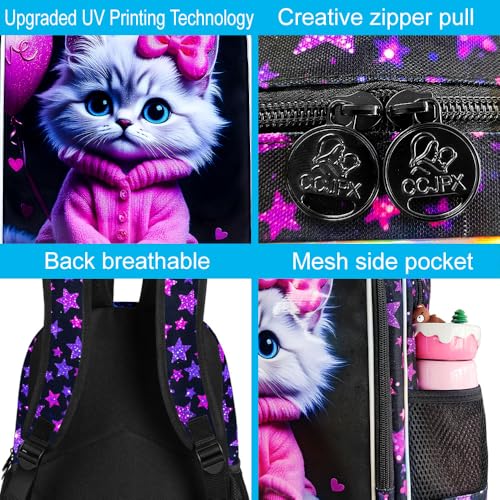 Image of CCJPX 3Pcs Cat Backpack for Girls, 16 inch Kids Bookbag with Lunch Box, Water Resistant Elementary School Bag for Kindergarten Preschool Toddler (Black)