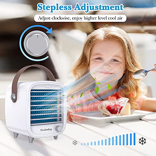 nicehedtop climatiseur portable ventilateur climatisation usb, mini refroidisseur mobile d'air personnel, 4 en 1 air cooler humidificateur fan, vitesse réglable lumière led pour bureau maison