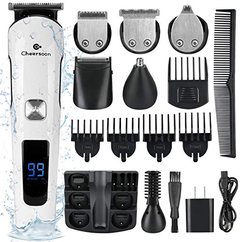 Cordless Beard Trimmer for Men, Cheersoon Hair Clipper for Men with Multifunction Mustache Trimmer, LED Display, IPX Waterproof, Nose & Ear Hair Trimmers, Best Electric Beard Trimmer Gift for Men