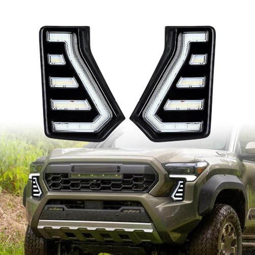 amopacorp Bumper LED Fog Lights Trim Bezel Assemblies for 2024 2025 Toyota Tacoma SR SR5 TRD Sport Limited Trailhunter Left Right Sequential White DRL Daytime Running Lamps Amber Turn Signal Cover