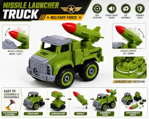 Image of TEC TAVAKKAL 4 in 1 DIY Military Force Vehicle Set for Kids, Army Toy Set with Helicopter, Bike, Missile Launcher Truck & Rocket Launcher Truck, Movable Parts, 4 Screwdrivers (Big Army Vehicle Toys)