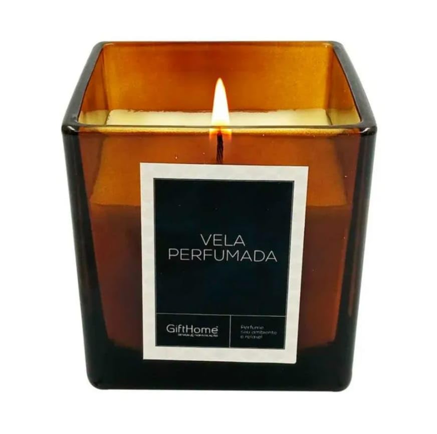 Vela Perfumada Âmbar & Patchouli com Suporte de Vidro – Aromática, Decorativa e Elegante – Ideal para Sala, Quarto, Banheiro e Presentes – 200g