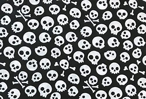 Oddies Tissu style Halloween en polyester et coton motif tête de mort et os - au mètre - Noir et blanc
