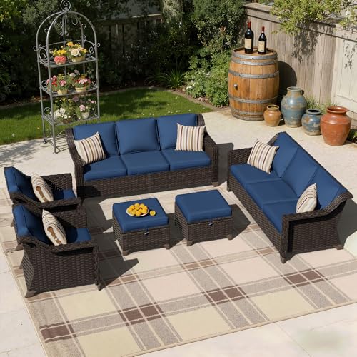 Image of 6 Piece Patio Furniture Set, Wicker Outdoor Conversation Set | Patio Chair Set with Olefin Removable Cushion, All-Weather Outdoor Couch with Deep Seat for Porch, Deck and Backyard, Blue