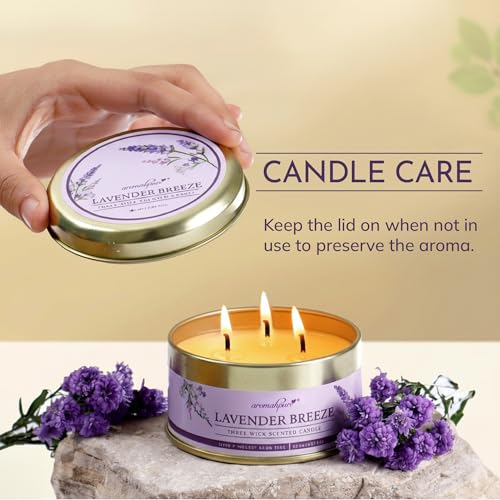 Image of Aromahpure Lavender 3 Wick Candle in Container with Lid | 85g | Burn Time 7 Hours | Scented Candle | Relaxing Aromatherapy Candles for Home Decor, Gifting, Bedroom & Spa