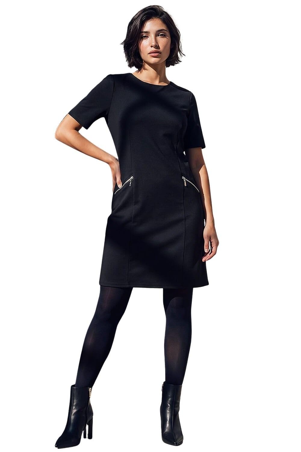 Roman Petite Women's Black Zip Detail Pocket Shift Dress Size 16