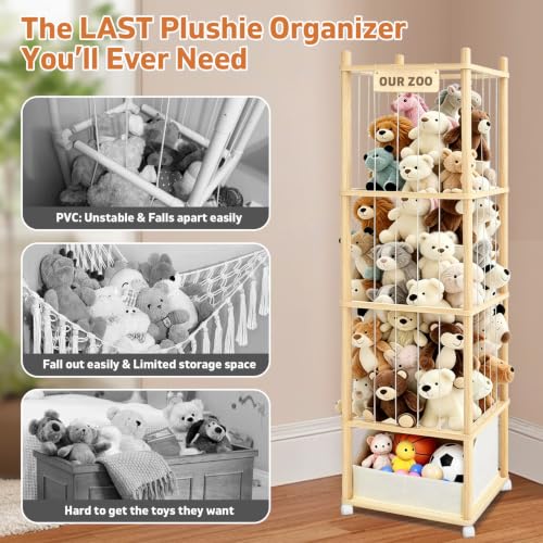 Image of Large Stuffed Animal Storage with Toys Tray, Wood Stuffed Animal Zoo Storage with Brake Wheels, Large Capacity Stuffed Animal Holder, Perfect for Nursery Playroom Kidroom Bedroom
