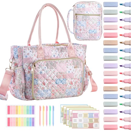 Bulyoou Large Bible Bag Quilted Bible Cover Case Kit for Women Church Bag with Shoulder Strap Study Supplies Christian Gifts(Spliced Flower)