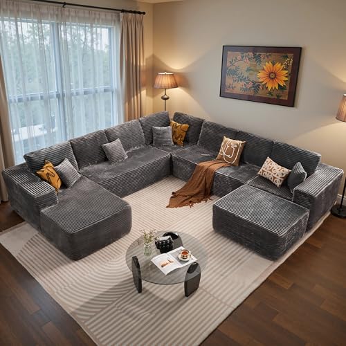 Image of ovios Sectional Cloud Couch for Living Room, Modular Floor Sofa with Plush Corduroy, No Assembly Required, Big Comfy Couches Set with Fluffy Memory Foam, Stupendous U Shaped Sofas with Chaise, Grey