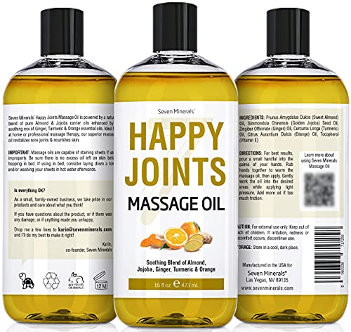 Vegan Happy Joints Massage Oil For Massage Therapy - Big 16Oz Bottle - Ideal For Professional Or At-Home Body Massage. Soothing Natural Blend Of Almond, Jojoba, Ginger, Turmeric, Orange, & Vitamin E #TOP1