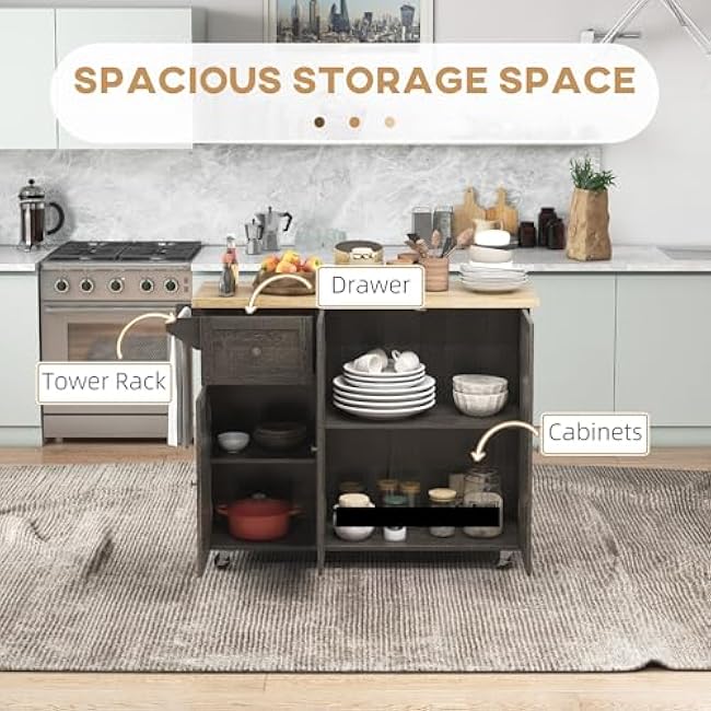 Triple-Cabinet Rolling Kitchen Island on Wheels, Kitchen Cart with Storage Shelf Adjustment, Rolling Utility Cart with Wood Top, Towel Rack,for use in Restaurants-Y4zaeRbw