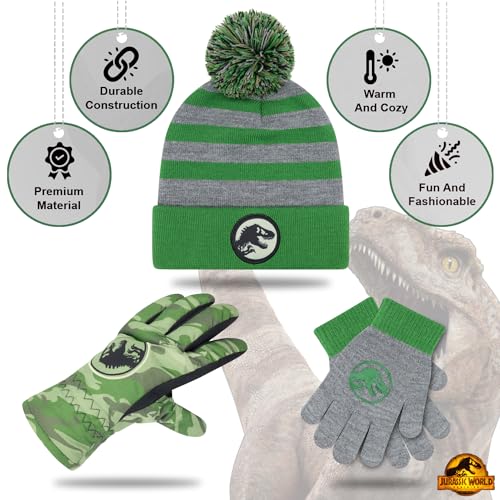 Image of Jurassic World Kids Winter Hat Scarf and Snow Gloves for Boys Set Classic T-Rex Graphic Warm and Soft Accessories