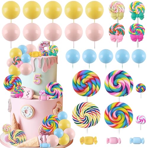Rismise Candyland Cake Topper 28PCS Lollipop Cake Decorations Colorful Ball Cake Toppers Candy Cake Topper Sweet One Cake Toppers with Lollipop Donut Bow for Sweet Ice Cream Theme Party - image 1