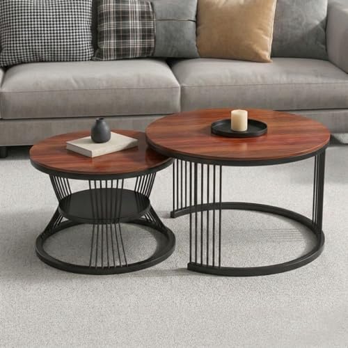Image of Coffee Table, 20 inch Round Coffee Table Set of 2, Wooden Nesting Table with Metal Frame, Center Tables for Living Room Bedroom Balcony Bedside Table Black Brown