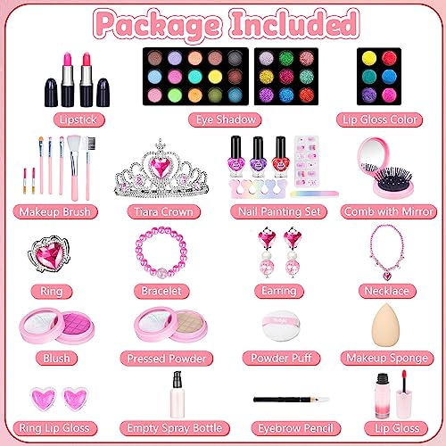 Hollyhi 62Pcs Kids Makeup Kit for Girl, Washable Play Makeup Toys Set for Dress Up, Beauty Vanity Set with Cosmetic Case Birthday Toys for Girls 3 4 5 6 7 8 9 10 11 12 Year Old Kids Toddlers (Pink)