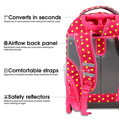 Image of J World Sunrise Kids Rolling Backpack with Wheels for Girls Boys, Roller Bookbag for School, 18 x 13 x 9 Inches, Pink Buttons