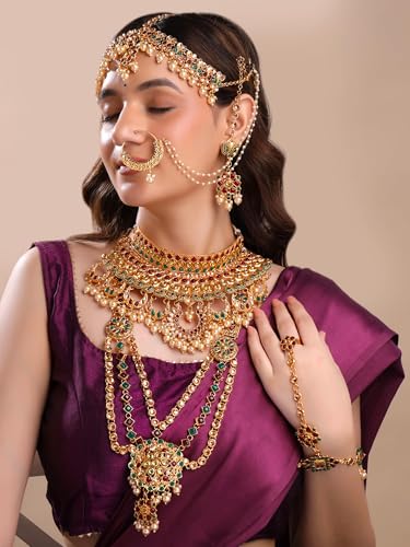 Image of Yellow Chimes Bridal Jewellery Set For Women | Golden Wedding Necklace Set for Women | Traditional Gold Plated KundanJewellery Set for Girls | Birthday Anniversary Gift For Women