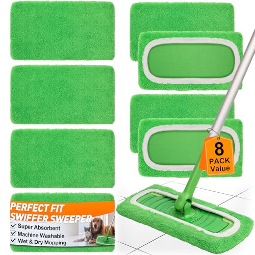 8 Pack Reusable Microfiber Mop Pads Compatible with Swiffer Sweeper, Machine Washable Microfiber Pads Refill for Wet & Dry Floor Cleaning, Mopping Pad Refills Fits Hardwood, Marble, Tile & Laminate