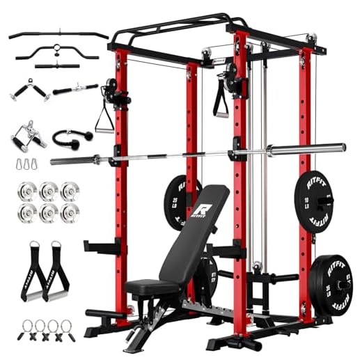 RitFit Multi-Function Garage & Home Gym Package Includes 1000LBS Power Cage PPC03 with Cable Crossover System, Weight Bench, Olympic Barbell Weight Set, Full Body Workout -OR,Bumper Plate 230lbs