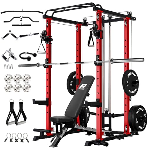 RitFit Multi-Function Garage & Home Gym Package Includes 1000LBS Power Cage PPC03 with Cable Crossover System, Weight Bench, Olympic Barbell Weight Set, Full Body Workout -OR,Bumper Plate 230lbs
