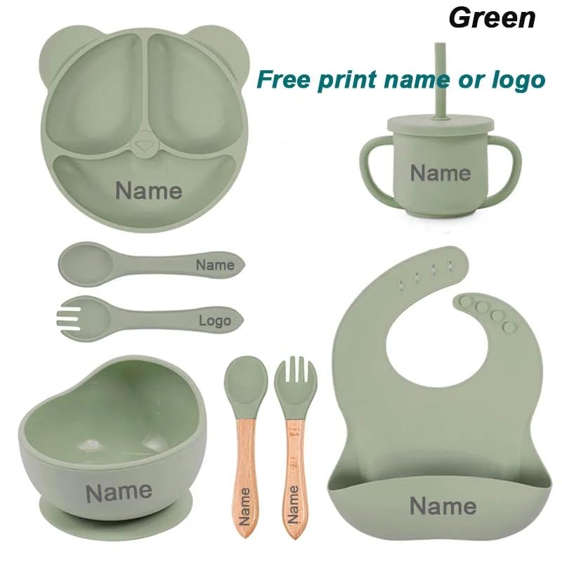 Personalized Baby Name Panda Ear Bear Feeding Set 8Pcs, Custom Name Baby Silicone Weaning Set, Feeding Set With Name BPA Free