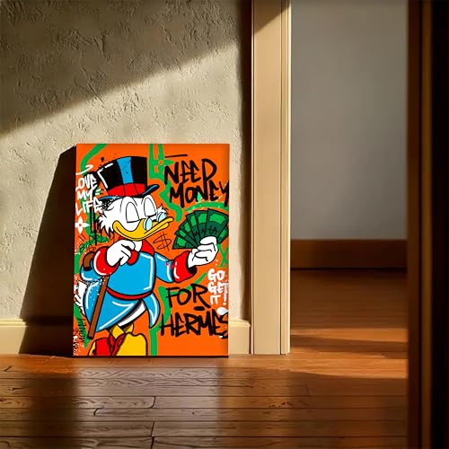 Image of Modern Pop Art Duck Money Canvas Wall Art Painting For Living Room | Graffiti Street Art Canvas Painting | Bold Cartoon Artwork for Home, Office & Cafe Decor, 41x56 cm