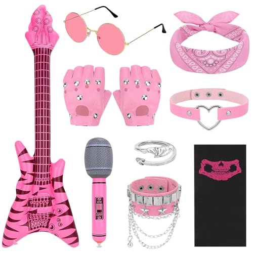 Dreamtop 10 Piezas Disfraz de Rockero, Accesorios Rockeros Rosa para Mujer Niñas con Guitarra y Micrófono Hinchables, Accesorios Punk Ropa...