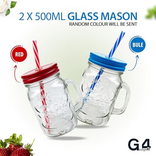 Pack of 2 Mason Jars with Handles, 500 ml Durable Drinking Glasses with Lids, Straws – Perfect for Cold Beverages Including Juices and Smoothies – Ergonomic and Comes in Attractive Hues and Designs - Image 4