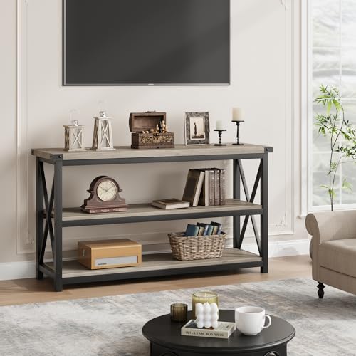 Industrial Long Console Table, 47 Inch 3-Tier Entryway Table with Storage Shelves, Rectangular Sofa Table for Entryway, Entry Table for Entrance, Hallway, Living Room, Bedroom (Gray, 47 in)